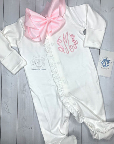Baby Girl Coming Home Outfit, Monogrammed Romper, Personalized Baby Gift, Monogrammed Footie, Newborn Pictures